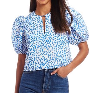 Amanda Uprichard⚡️The Fame White Top Electric Cobalt Dot Gold Puff Sleeve Blouse